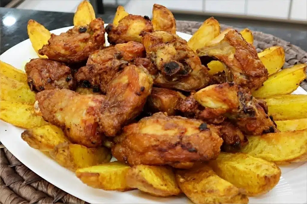 Frango com batatas na airfryer, fica bem sequinho e suculento pronto em poucos minutos